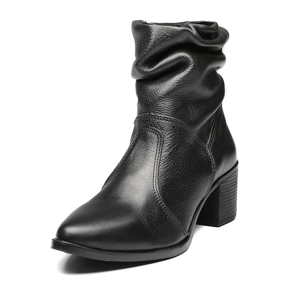 Bota Feminina Couro Cano Sanfonado Bico Fico Casual Preta