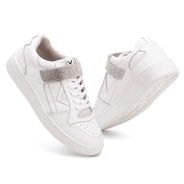 Tênis Strass Branco Feminino em Couro Legitimo