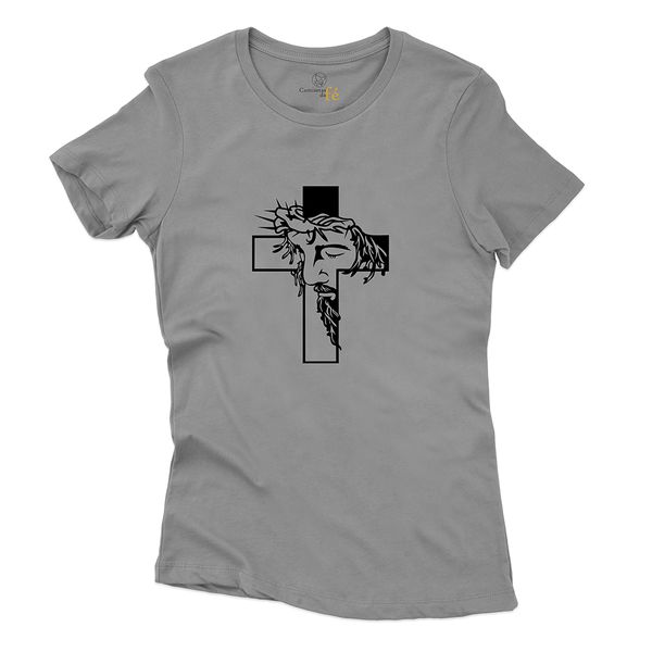 Baby Look Cinza Frases Cruz Jesus.