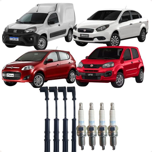 Kit Cabos e Velas Ignição Fiorino Uno Grand Siena Palio Punto Strada 500 1.4 8v Evo Flex NGK SCT64 ZKR8B10