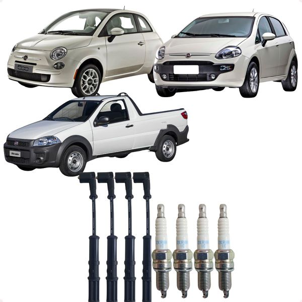 Kit Cabos e Velas Ignição Fiorino Uno Grand Siena Palio Punto Strada 500 1.4 8v Evo Flex NGK SCT64 ZKR8B10