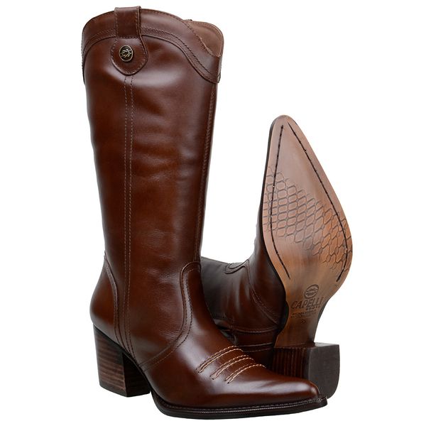 Bota Texana Feminino Bico Fino Salto Alto Em Couro Legitimo Pinhão