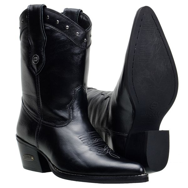 Bota Feminina Country Bico Fino Cano Curto Em Couro Nobre Napa Preto