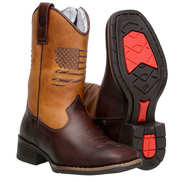 Bota Infantil Em Couro Bico Quadrado Cor Castor Bordado Bandeira U.S.A