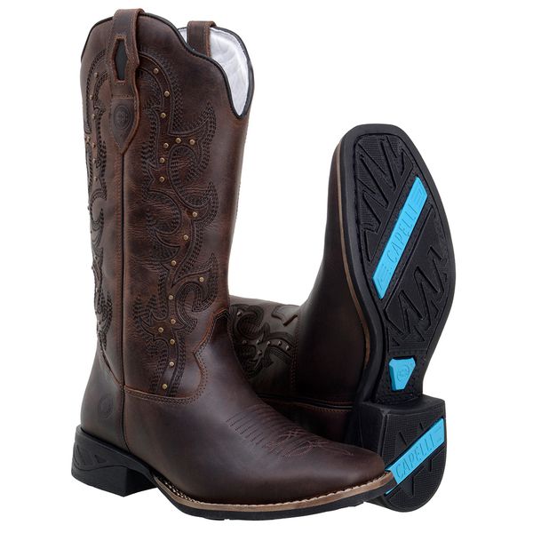 Bota Country Feminina Bico Quadrado Em Couro Fóssil Café Bordado Preto