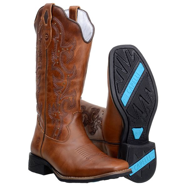 Bota Cano Médio Country Feminina Bico Quadrado Em Couro Fóssil Castor