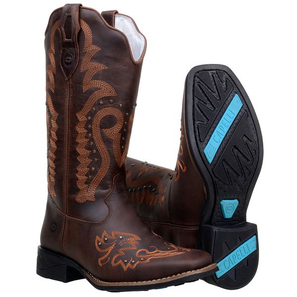 Bota Cano Médio Country Feminina Bico Quadrado Bordado Ferrugem