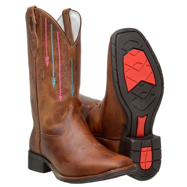 Bota Feminina Country Em Couro Bovino Com Bordados De Flechas