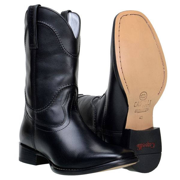 Bota Texana Masculina Couro Legitimo Preto Com Solado De Couro