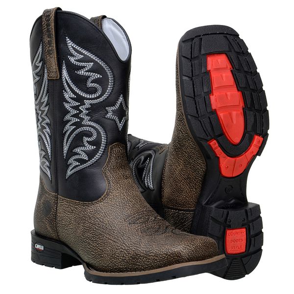 Bota Texana Masculina Texas Em Couro Legítimo Preto Bordado 