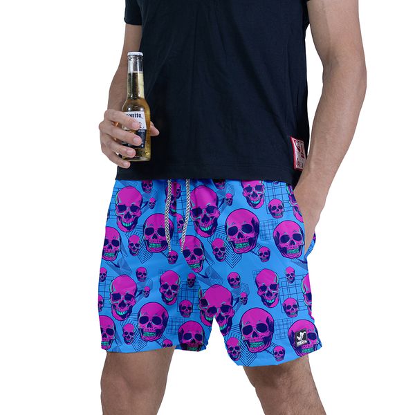 Beermuda Azul Caveira Rosa