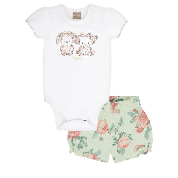 CONJUNTO MOLETINHO ROSAS INFANTIL BRANCO MILON