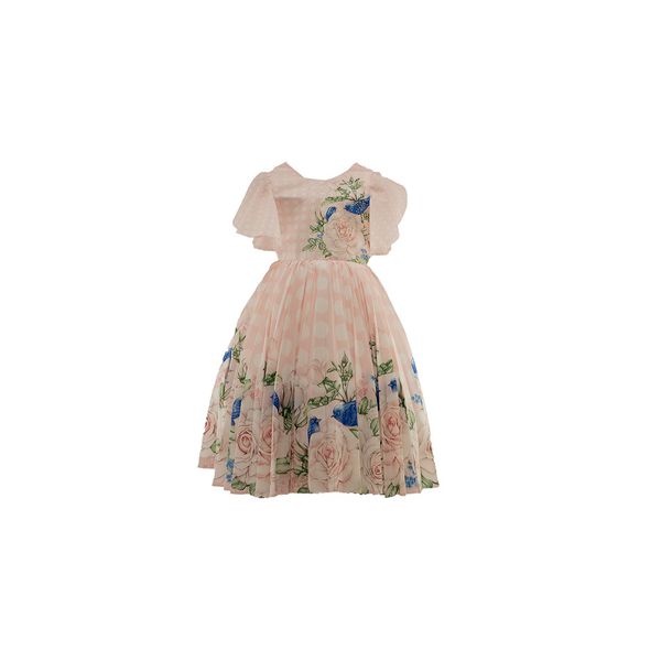 3151822 315180 Vestido Infantil Petit Cherie Rosa Plissado Pássaros Azuis