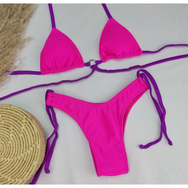 Conjunto Manu Rosa Neon Trilobal Com Tiras Roxa