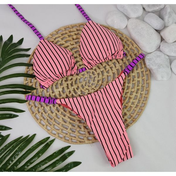 Conjunto Summer Listrado Pêssego com tira roxa