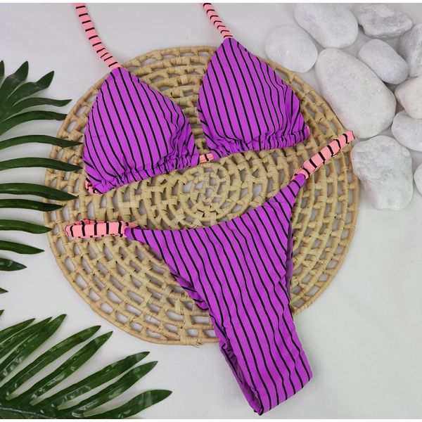 Conjunto Summer Listrado Roxo com tiras pêssego 