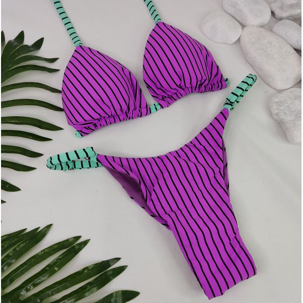 Conjunto Summer Listrado Roxo com tiras verdes
