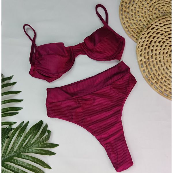 Conjunto Meia Taça + Hot Pants Vinho Canelado