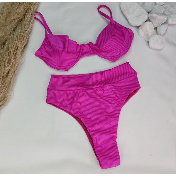 Comprar Conjunto Biquíni Meia Taça com Bojo Removível e Calcinha Hot Pants  Canelado Rosa - GRISFIT, Moda Praia