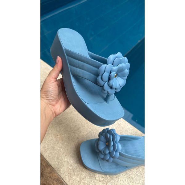 Anabela Tamanco Flor 8 cm Super Leve e Macio_3179- Azul