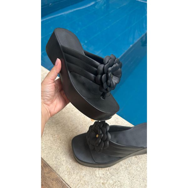 Anabela Tamanco Flor 8 cm Super Leve e Macio_3179- Preto
