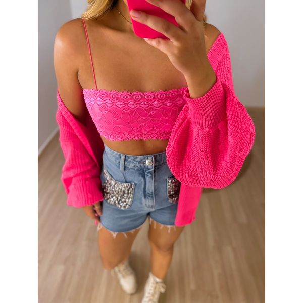 Top Renda Rosa Neon 