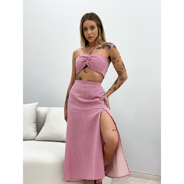 CONJUNTO MILENA SAIA MIDI ROSA LISTRADO