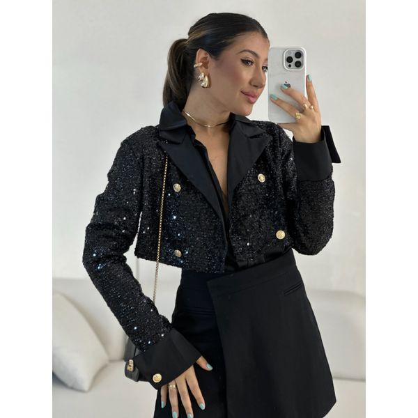 BLAZER PAETÊ CROPPED PRETO