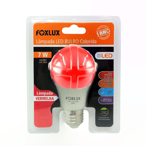 LAMPADA LED BULBO COLORIDA 7W VERMELHA FOXLUX 