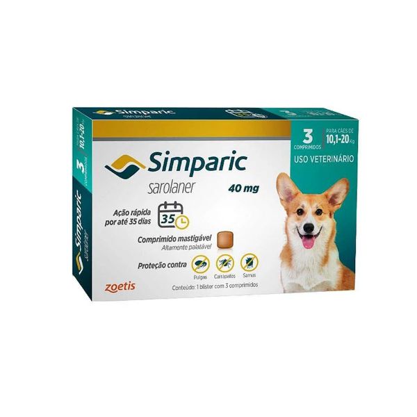 Simparic 40 Mg Para Cães 10,1 A 20kg Caixa C/ 3 Comprimidos