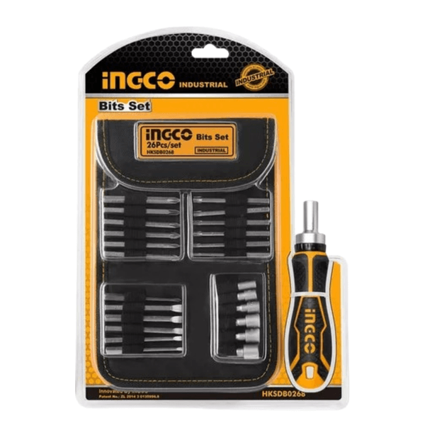 INGCO JOGO DE BITS COM SUPORTE COM CATRACA COM 26 PECAS