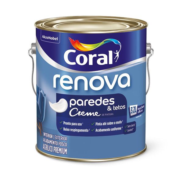 TINTA ACRÍLICO FOSCO BRANCO NEVE RENOVA PAREDES E TETOS 3,2L CORAL