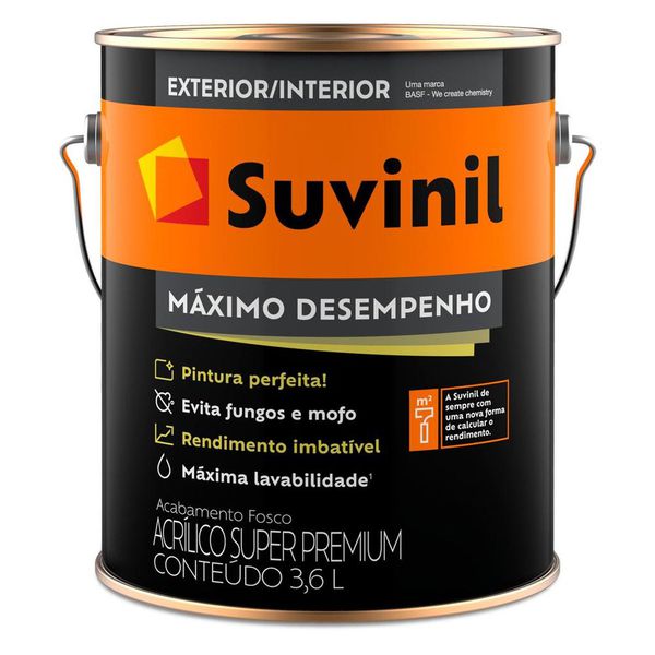 TINTA ACRÍLICO FOSCO MAXIMO DESEMPENHO BRANCO NEVE 3,6L SUVINIL