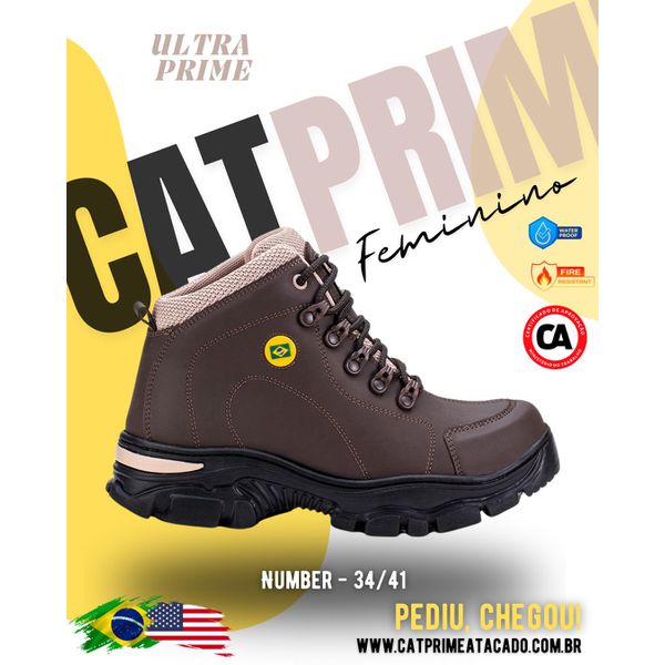 Vista lateral da bota Catprime Ultra Prime, resistente à água. Detalhe da bota Catprime em couro emborrachado, modelo unissex Ultra Prime. Bota Catprime, couro emborrachado e sola tratorada.