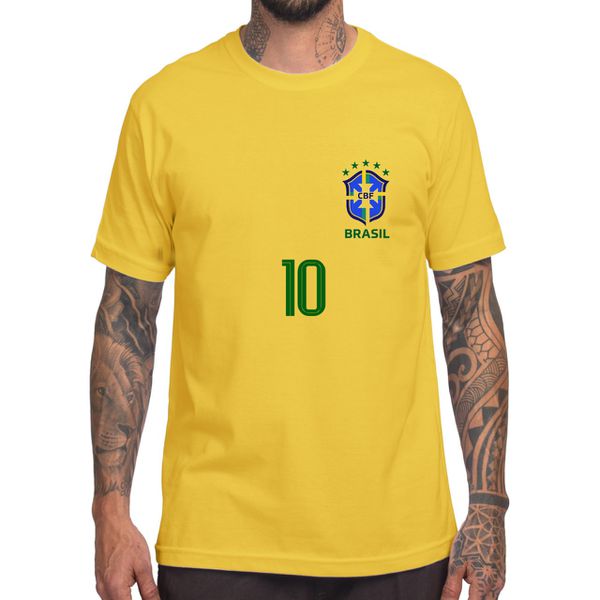 Camiseta Personalizada Seleção Brasileira Amarela 100% Algodão - Brasão Azul