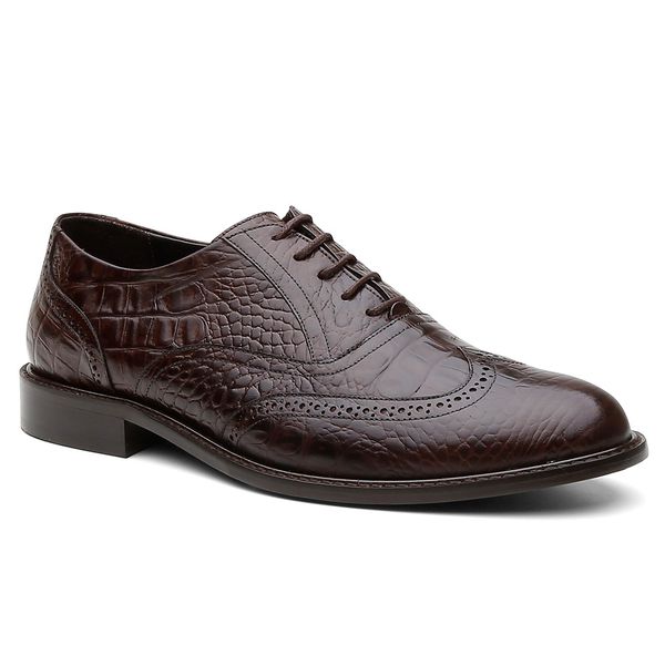 Sapato Social Brogue Croco em Couro Café