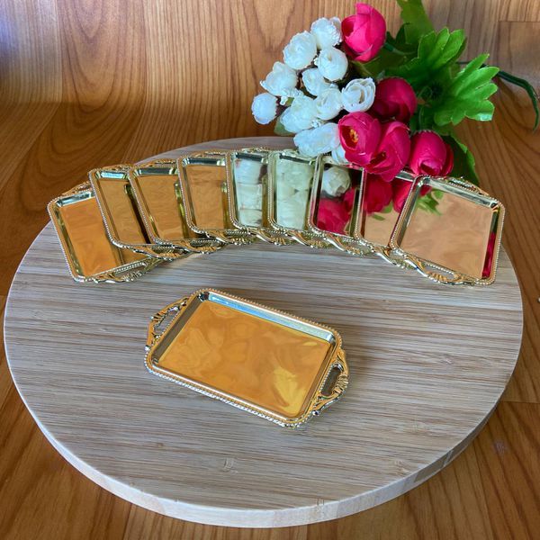 Enfeite plástico Mini bandeja espelhada 10,5x5,8cm Dourada - Pacote com 10 unidades