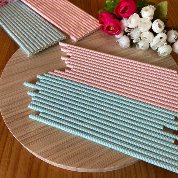 Canudo Estampado Chevron Azul/Rosa Claro - 12un 