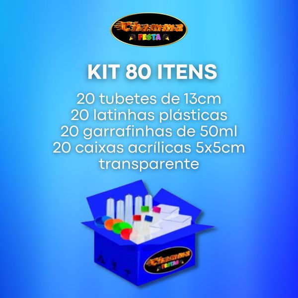 Kit Festa 80 Itens = 20 tubete + 20 garrafinha + 20 latinha + 20 caixinha 5x5