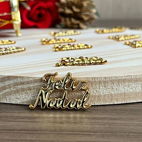 Aplique ABS Dourado Feliz Natal - 3cm - 10 Unidades