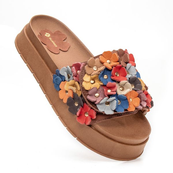 Sandálias Papete Femininas Flores - Marrom