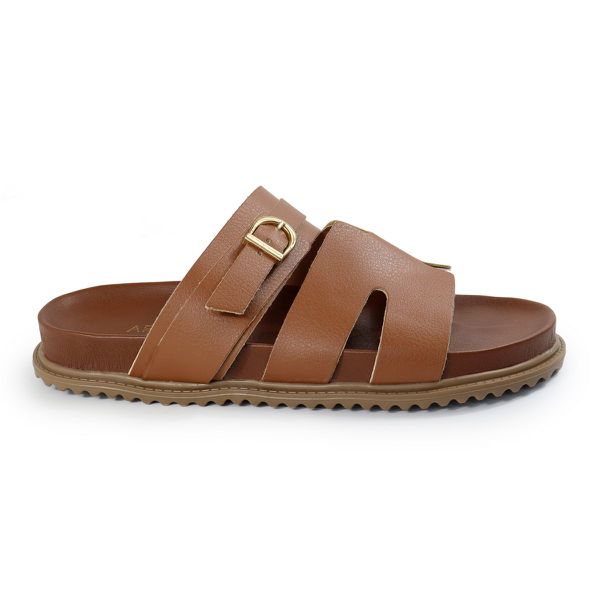 Papete Feminina Elisa Fivela Detalhe em H Sola Baixa Caramelo