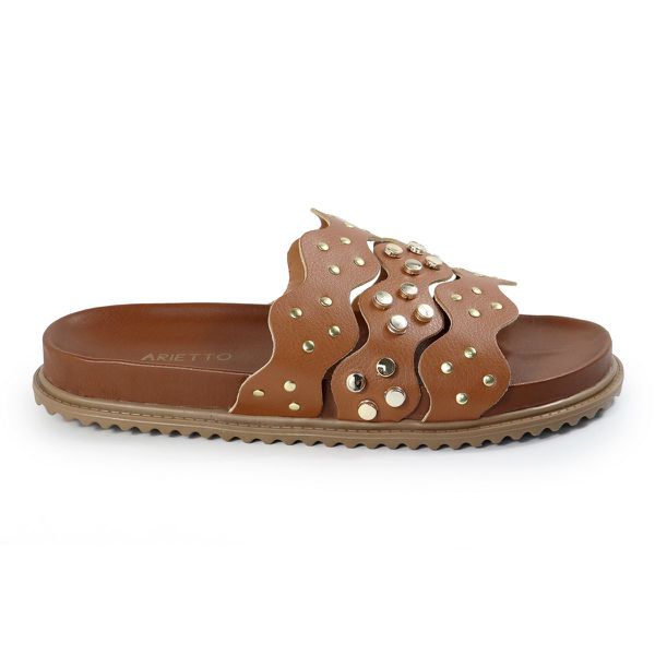 Sandália Papete Feminina Serena Sola Baixa Tiras de Onda Caramelo