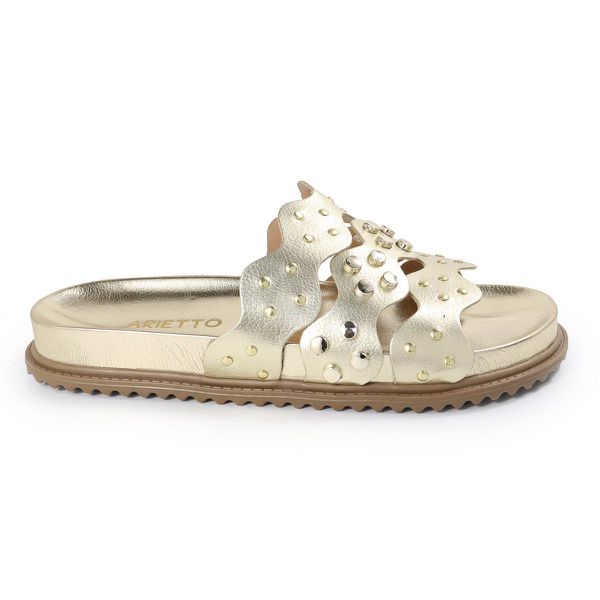 Sandália Papete Feminina Serena Sola Baixa Tiras de Onda Dourado