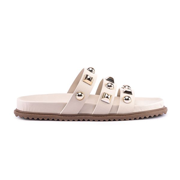 Sandália Sandalia Papete Cecilia Sola Baixa Tiras com Piramide Off-White