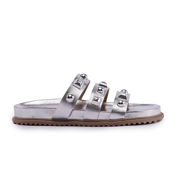 Sandália Sandalia Papete Cecilia Sola Baixa Tiras com Piramide Prata