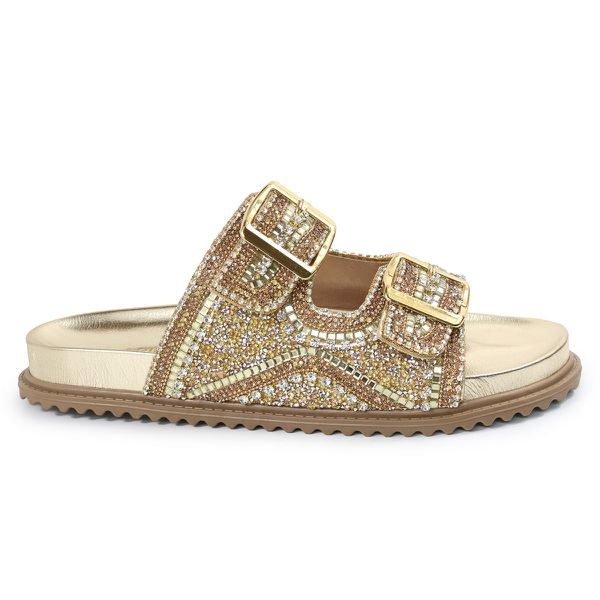 Sandália Feminina com Pedraria e Brilhos Dourado