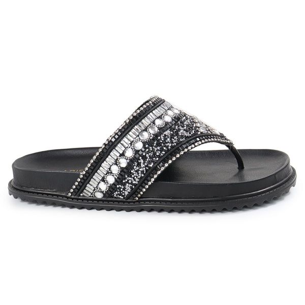 Rasteirinha Feminina com Pedraria e Brilho Preto