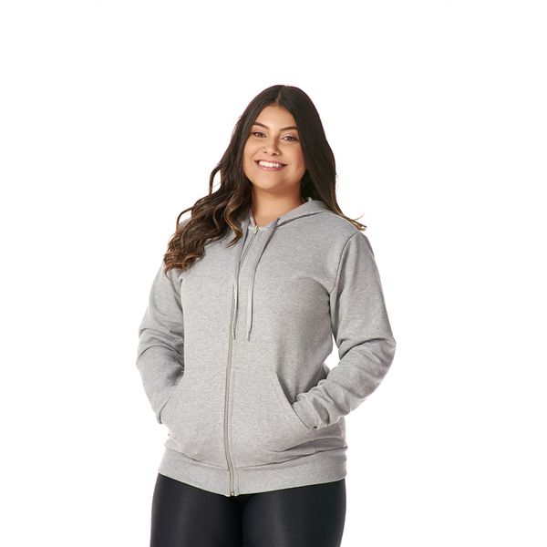 Moletom Feminino Cinza Claro com Capuz e Zíper