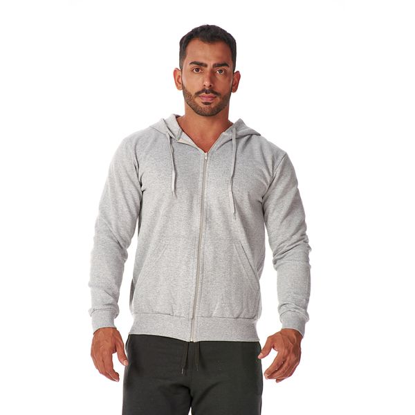Moletom Masculino Cinza Claro com Zíper e Bolso Canguru 